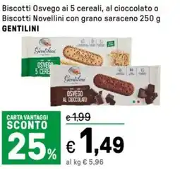 Iper La Grande Biscotti Osvego ai 5 cereali, al cioccolato o Biscotti Novellini con grano saraceno GENTILINI offerta