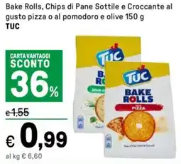Iper La Grande Bake Rolls, Chips di Pane Sottile e Croccante al gusto pizza o al pomodoro e olive TUC offerta