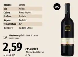 Famila Market CASA DEFRÀ Merlot Colli Berici offerta