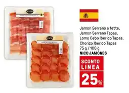Iper La Grande Jamon Serrano a fette, Jamon Serrano Tapas, Lomo Cebo Iberico Tapas, Chorizo Iberico Tapas NICO JAMONES offerta