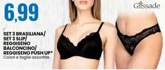 Glissade set 3 brasiliana/ set 3 slip/ reggiseno balconcino/ reggiseno push up