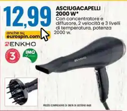 Eurospin Asciugacapelli 2000 W ENKHO offerta