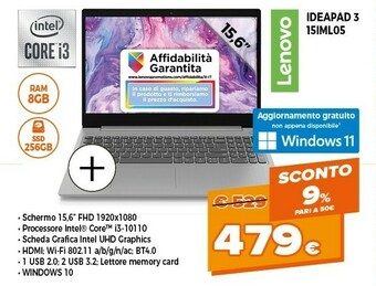 Expert Ideapad 3 15iml05 computer portatile 39,6 cm (15.6") full hd intel® core™ i3 di decima generazione 8 gb ddr4-sdram 256 gb ssd offerta