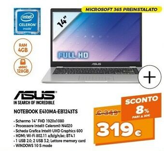 Expert E410ma-eb1243ts computer portatile 35,6 cm (14") full hd intel® celeron® n 4 gb ddr4-sdram 128 gb emmc wi-fi 5 (802.11ac) win offerta