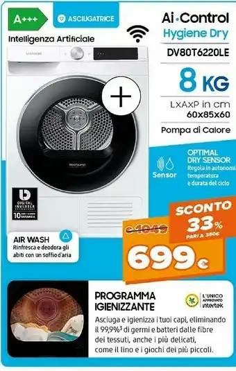 Expert Dv80t6220le asciugatrice libera installazione caricamento frontale 8 kg a+++ bianco offerta