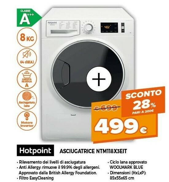 Nt m11 8x3e it asciugatrice libera installazione caricamento frontale 8 kg  a+++ bianco offerta di Expert