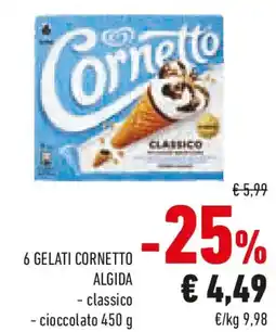 Conad 6 gelati cornetto algida classico e cioccolato offerta