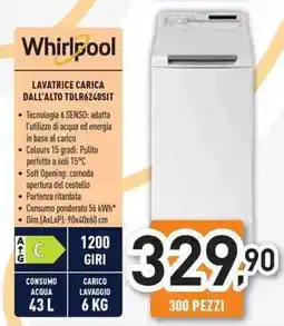 Unieuro Whirlpool LAVATRICE CARICA DALL'ALTO TDLR6240SIT offerta