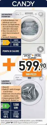 Unieuro CANDY ASCIUGATRICE EYEH8N1DES + LAVATRICE EY291DW41S offerta