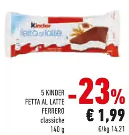 Conad 5 kinder fetta al latte ferrero classiche offerta