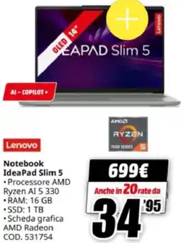 MediaWorld Lenovo Notebook IdeaPad Slim 5 offerta