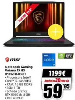 MediaWorld msi Notebook Gaming Katana 15 HX B14WFK-036IT offerta