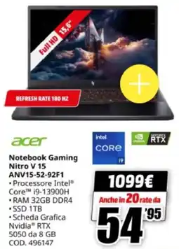 MediaWorld acer Notebook Gaming Nitro V 15 ANV15-52-92F1 offerta