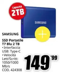 MediaWorld SAMSUNG SSD Portatile T7 Blu 2 TB offerta