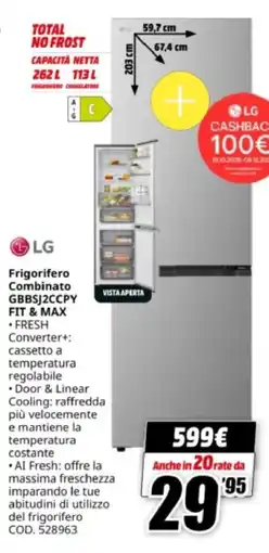 MediaWorld LG Frigorifero Combinato GBBSJ2CCPY FIT & MAX offerta