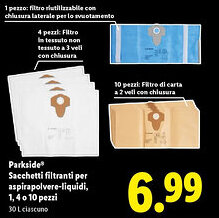 Lidl Parkside Sacchetti filtranti per aspirapolvere-liquidi, 1,4 o 10 pezzi offerta