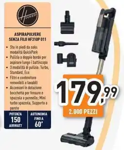 Unieuro HOOVER ASPIRAPOLVERE SENZA FILO HF310P 011 offerta