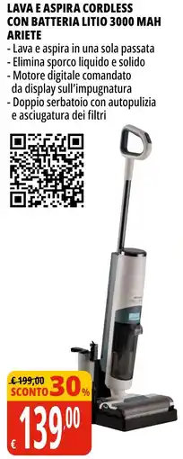 Tigros Lava e aspira cordless con batteria litio 3000 MAH ARIETE offerta