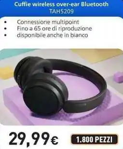 Unieuro PHILIPS Cuffie wireless over-ear Bluetooth TAH5209 offerta