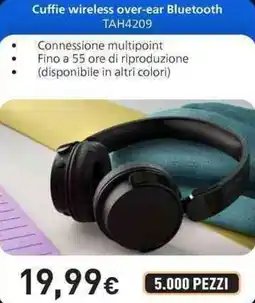 Unieuro PHILIPS Cuffie wireless over-ear Bluetooth TAH4209 offerta