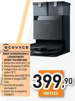 Unieuro Ecovacs robot aspirapolvere e lavapavimenti deebot T50 omni gen2 offerta