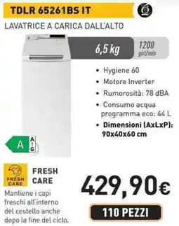 Unieuro Whirlpool TDLR 65261BS IT LAVATRICE A CARICA DALL'ALTO offerta