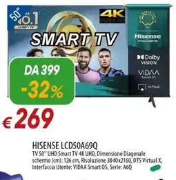 IperFamila HISENSE LCD50A69Q TV 50" UHD Smart TV offerta