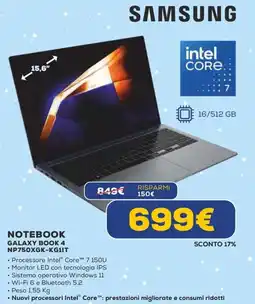 Euronics SAMSUNG NOTEBOOK GALAXY BOOK 4 NP750XGK-KG1IT offerta