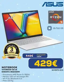 Euronics ASUS NOTEBOOK VIVOBOOK GO 15 E1504FA-BQ2422W offerta