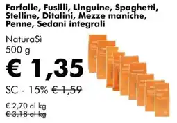 NaturaSì Farfalle, Fusilli, Linguine, Spaghetti, Stelline, Ditalini, Mezze maniche, Penne, Sedani integrali NaturaSì offerta
