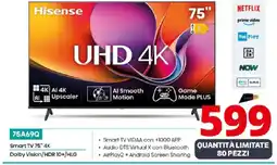 Comet Hisense Smart TV 75" 4K Dolby Vision/HDR 10+/HLG offerta