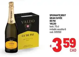 Metro Spumante brut gran cuvée de pai VALDO offerta