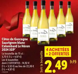 Lidl Côtes de Gascogne Sauvignon blanc Colombard Le Héron 2024 IGP offerta