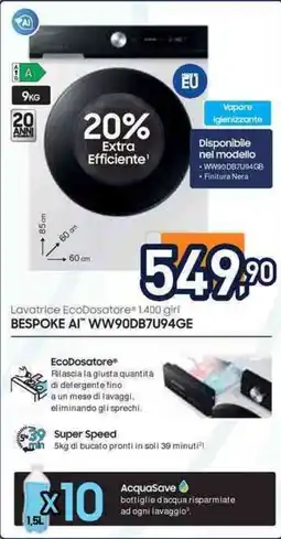 Unieuro SAMSUNG BESPOKE AI” WW90DB7U94GE offerta