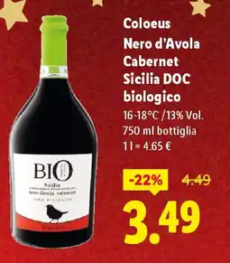 Lidl Coloeus Nero d'Avola Cabernet Sicilia DOC biologico offerta