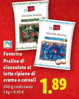 Lidl Favorina Praline di cioccolato al latte ripiene di crema e cereali offerta