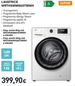 Unieuro Electroline LAVATRICE WRTHSWM9ASTMWH offerta