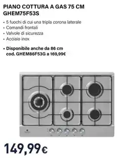 Unieuro Electroline PIANO COTTURA A GAS 75 CM GHEM75F53S offerta