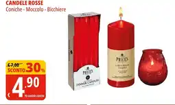 Tigros Candele rosse coniche, moccolo e bicchiere offerta