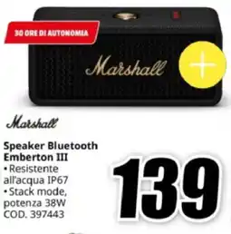MediaWorld Marshall Speaker Bluetooth Emberton III offerta