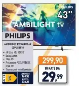 Unieuro Philips ambilight TV smart 4K offerta