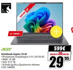 MediaWorld acer Notebook Aspire 16 AI offerta