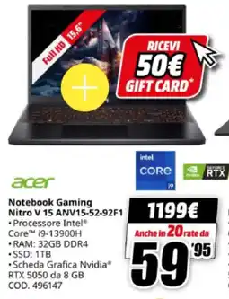 MediaWorld acer Notebook Gaming Nitro V 15 ANV15-52-92F1 offerta