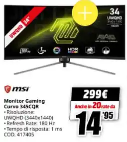 MediaWorld msi Monitor Gaming Curvo 345CQR offerta