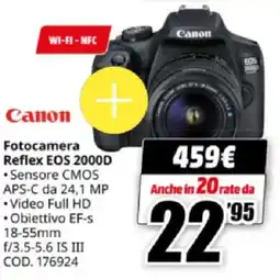 MediaWorld Canon Fotocamera Reflex EOS 2000D offerta
