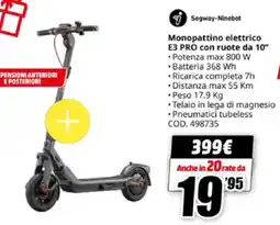 MediaWorld Segway-Ninebot Monopattino elettrico E3 PRO con ruote da 10" offerta