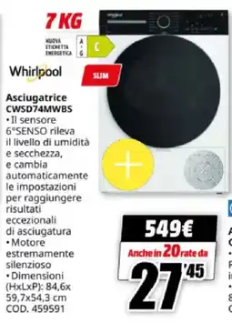 MediaWorld Whirlpool Asciugatrice CWSD74MWBS offerta