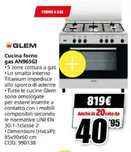 MediaWorld GLEM Cucina forno gas AN965GI offerta