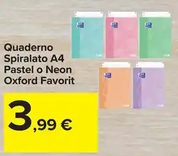 Carrefour Quadermo Spiralato A4 pastel o Neon Oxford Favorit offerta