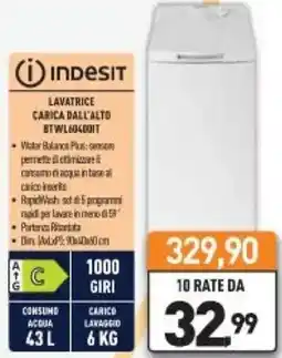 Unieuro INDESIT LAVATRICE CARICA DALL'ALTO BTWL60400IT offerta
